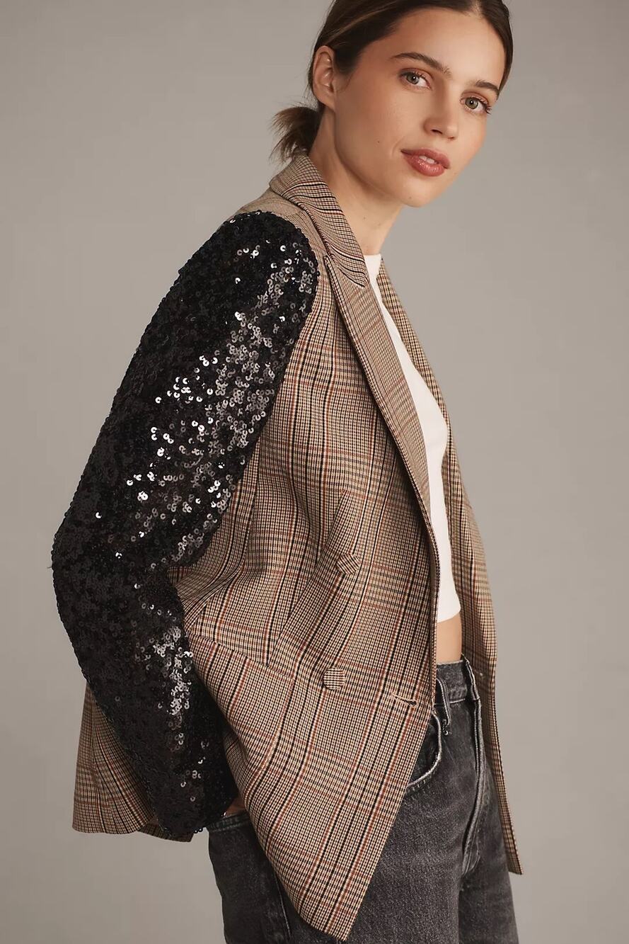 Mare Mare x Anthropologie Plaid Sequin Sleeve Blazer Jacket Brown Size S NWT
